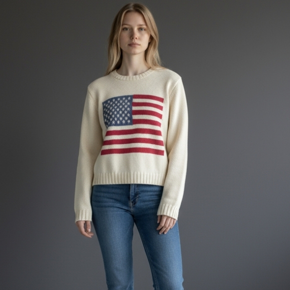 Vintage Sweaters - Vtg American Flag Made In USA Preppy Patriotic Cream Cotton Sweater Sz S